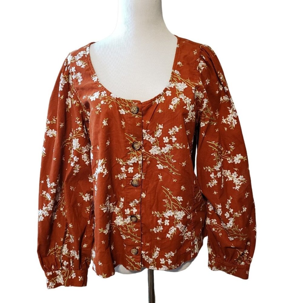 Madewell Womens Orange Rust White Floral Corduroy Button Up Boho Top Size XL